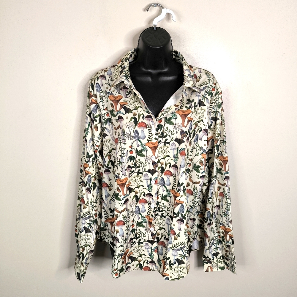 Boutique Quirky Mushroom Fruit Forest Fairy Spring Hippie Button Down Shirt XXL